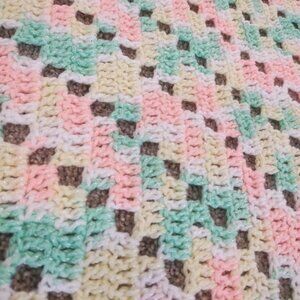 Handmade Crochet Pastel Orange Green Yellow White Striped Baby Lap Blanket 40x44